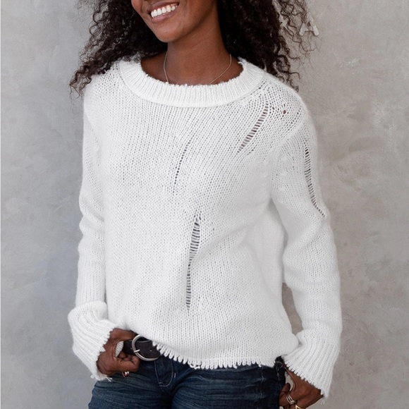 Wooden Ships Oliver Distressed Crew Sweater Chunky White Cream S/M - Picture 5 of 11